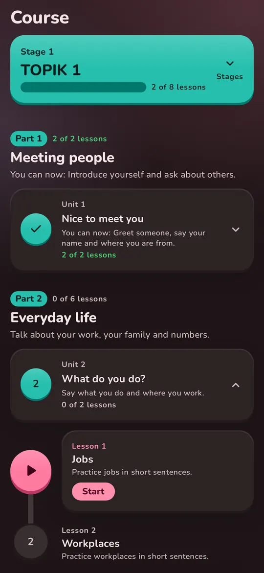 The Course tab: TOPIK 1 with Part 1, Meeting people, finished, and Part 2, Everyday life, with its first lesson, Jobs, ready to start.