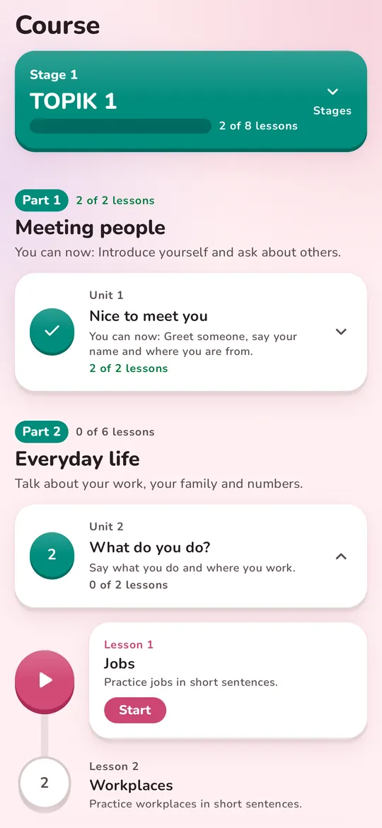 The Course tab: TOPIK 1 with Part 1, Meeting people, finished, and Part 2, Everyday life, with its first lesson, Jobs, ready to start.